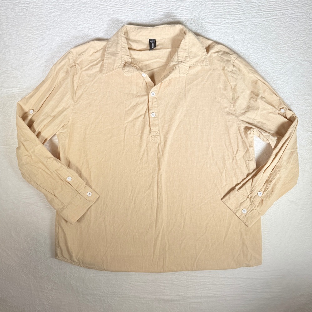 Ooku Mens Khaki Long Sleeve‎ Collared Henley Shirt Polo XL Linen/Cotton